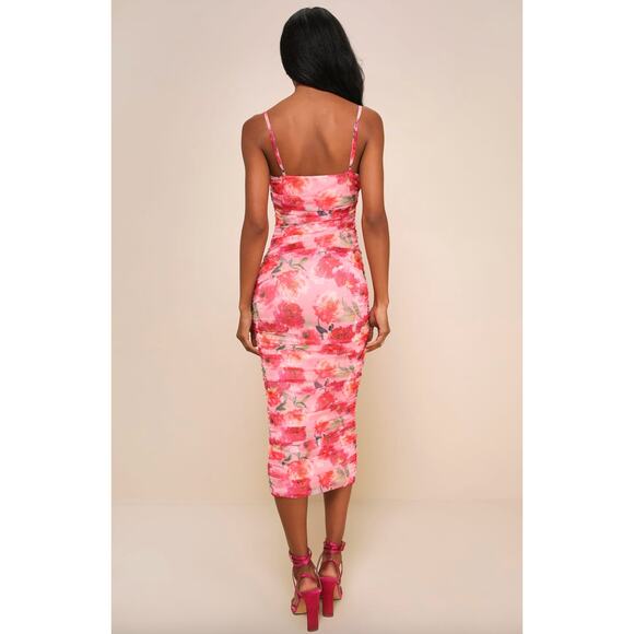 Lulus Blossoming Excellence Pink Floral Mesh Ruched Midi Dress Party XS NWT - Picture 2 of 11